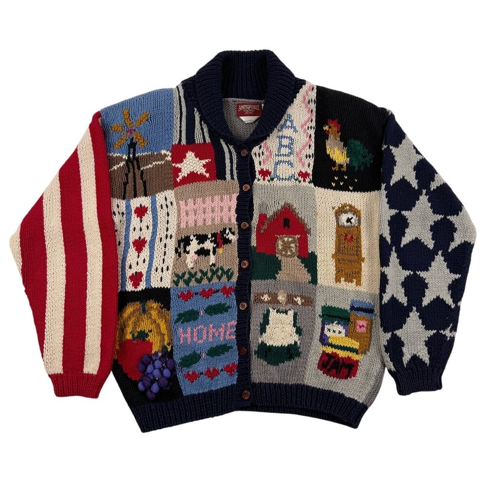 Vintage American Eagle Hand-knit Animal Farm Patriotic School Sweater Medium